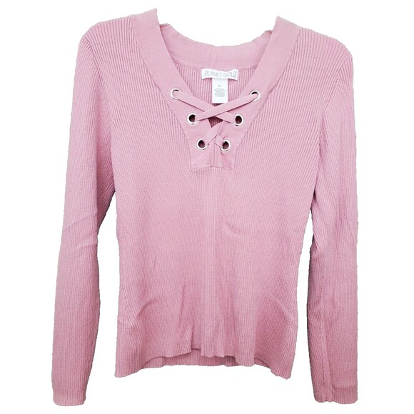 Planet Gold Tops - Planet Gold Juniors Ribbed Knit Lace up Long Sleeve Top Size XL